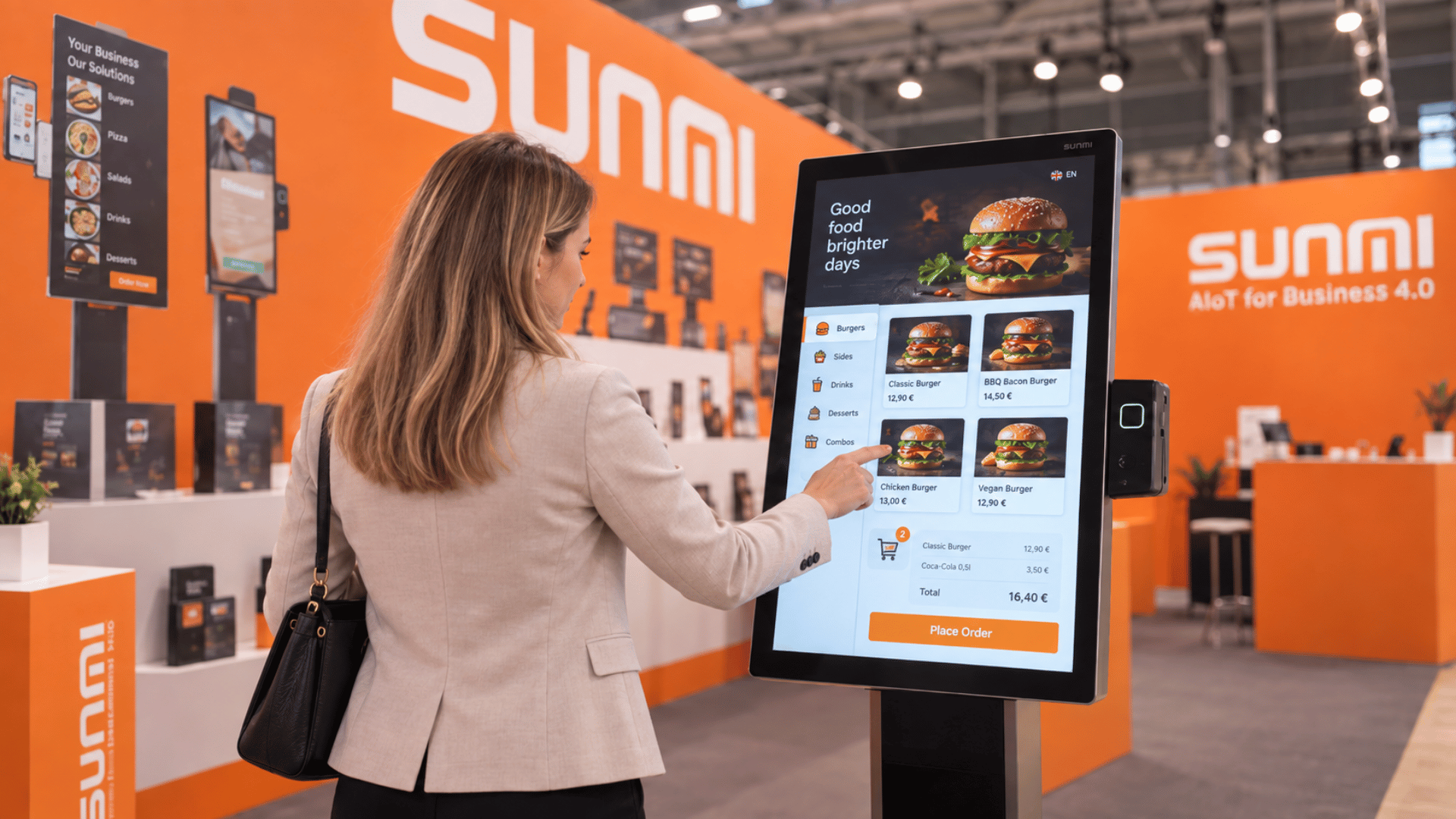 Kiosk samoobsługowy Sunmi Flex 3 do gastronomii na stoisku targowym